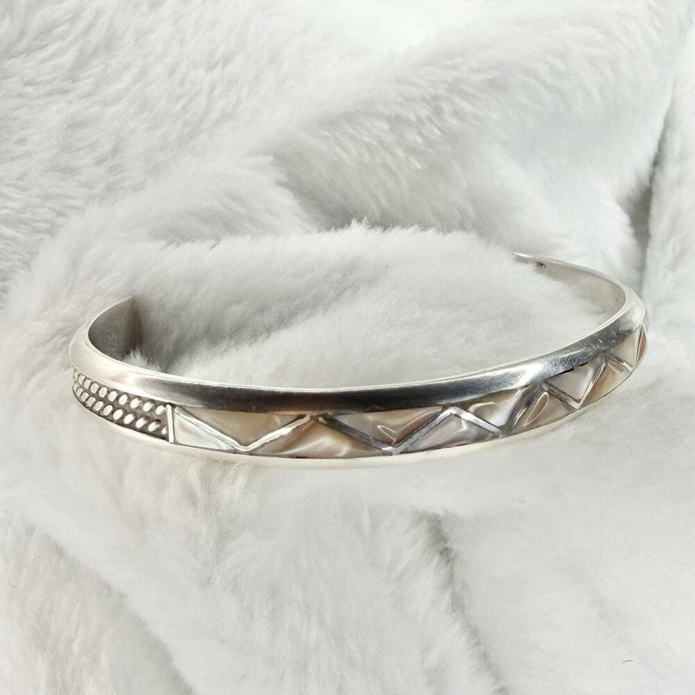 Sterling Silver Mother of Pearl Inlaid Cuff Bracelet Zig Zag Size 5-6 - Picture 2 of 5